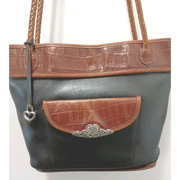 Brighton Large  Leather  Shoulder Bag Black With Brown Crocodile Embossed Trim - Picture 1 of 9
